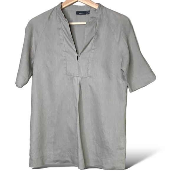 MEXX 100% Linen Beige/Grey Short Sleeve Popover Top Split Vee Neckline US Sz 6 - Picture 3 of 11
